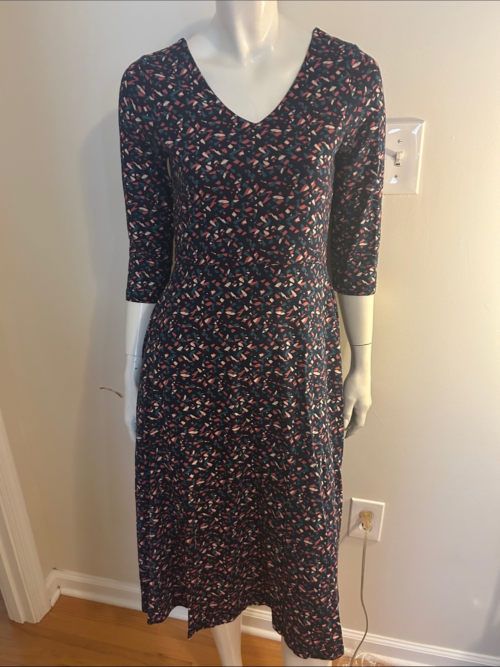 Pact Navy V-Neck Midi Dress with Pink & Teal Print